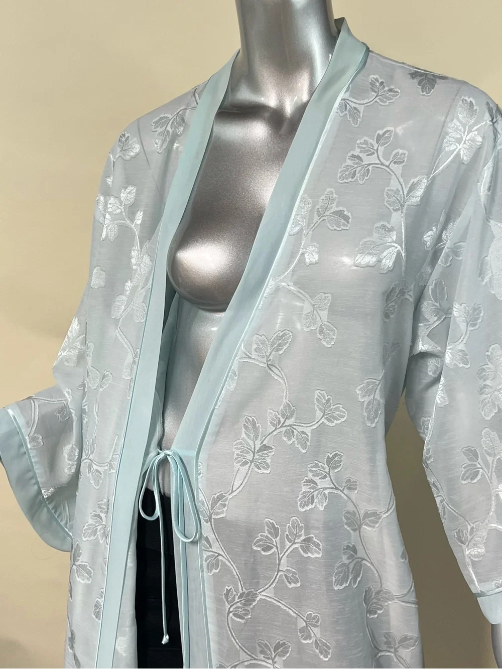 Oscar de la Renta Pink Label Floral Semi Sheer Aqua Light Blue Long Robe LARGE